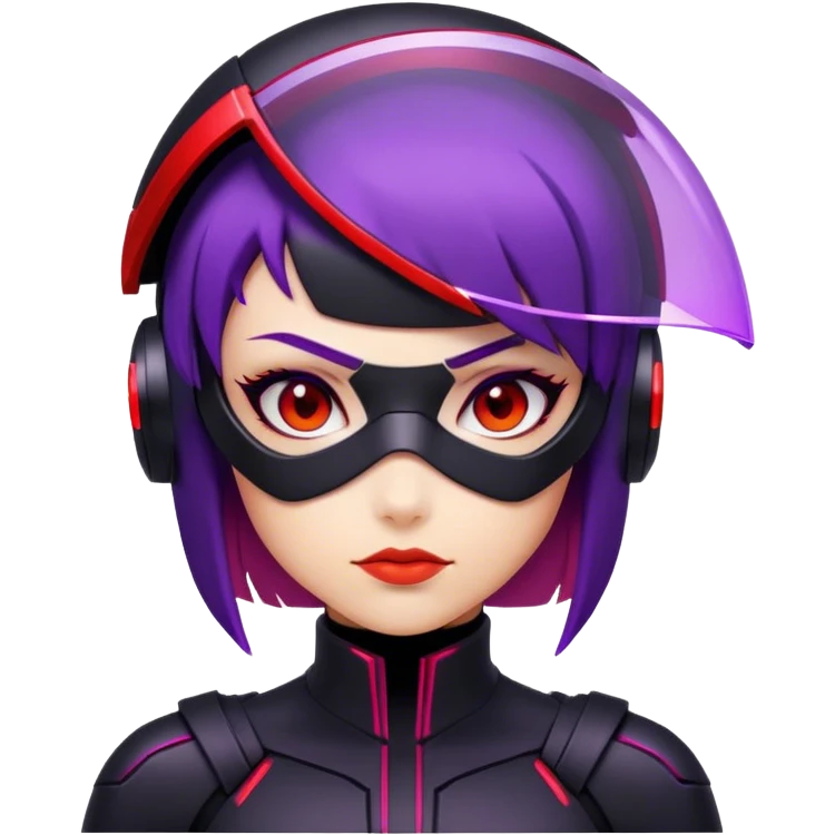 A futuristic assassin with a sleek black suit, short purple hair, and glowing red visor emoji