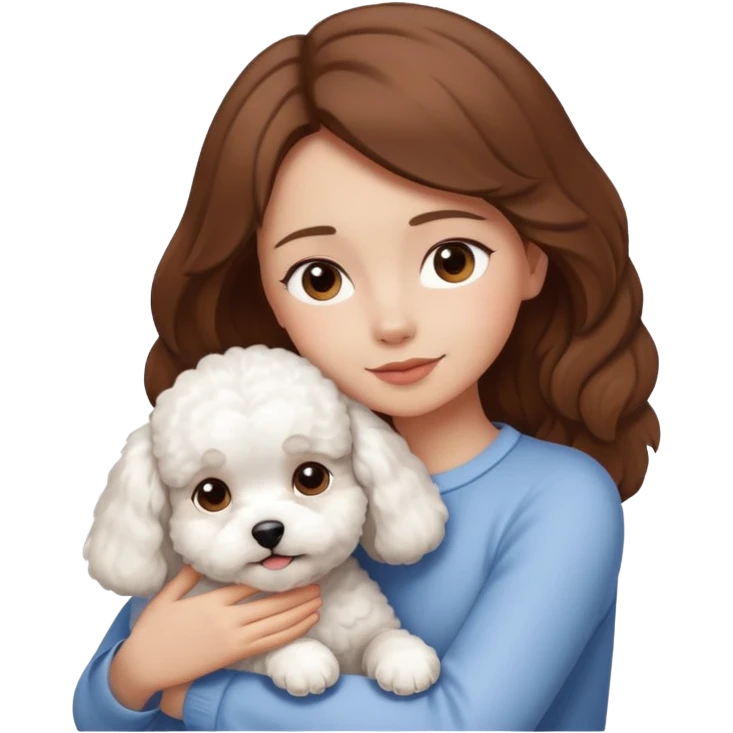 White dog bishon in hug with girl with brown hair  emoji