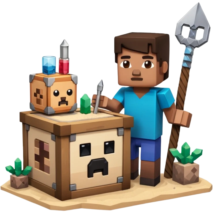 minecraft crafting station in a minecraft cube style with tools, stone, wood, glass, sand, ... emoji