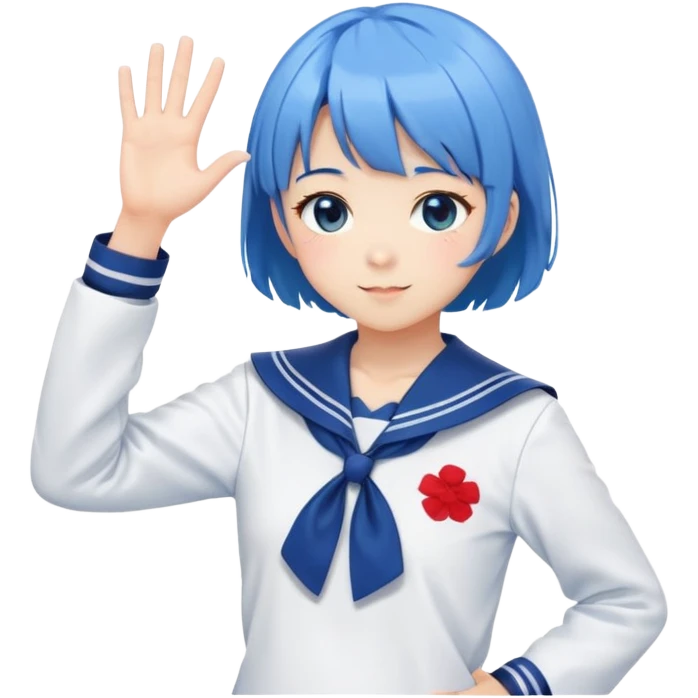 Anime girl with short bright blue hair wearing Japanese sailor style school uniform, composed posture with hand on hip but shyly waving with other hand, blushing face and timid smile emoji