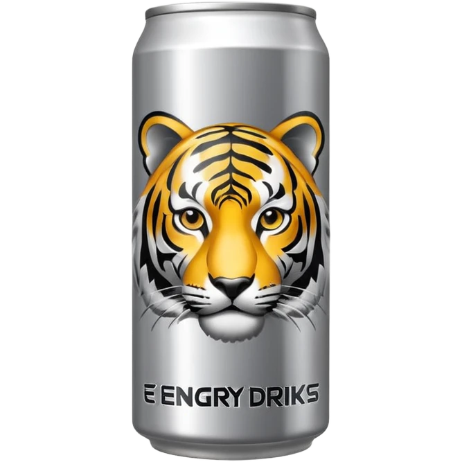 energy drink with with silver background color and a tiger on it also have sign and written as like energy drinks emoji