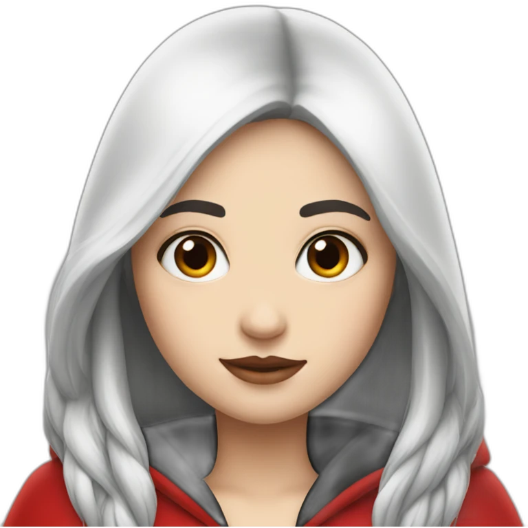 White girl long straight black hair with white streak hair and red ridding hood emoji