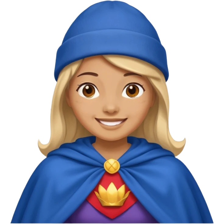 Female hero in blue beanie, cape flowing, smiling proudly.


































 emoji