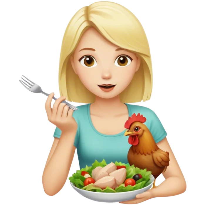 blonde girl eats salad and eats chicken emoji