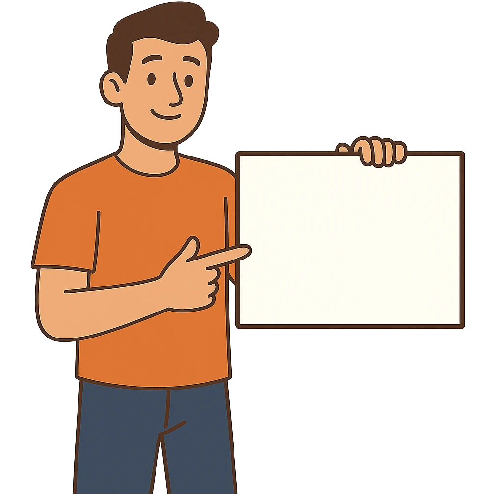 flat toon style man with a whiteboard, casual pose emoji