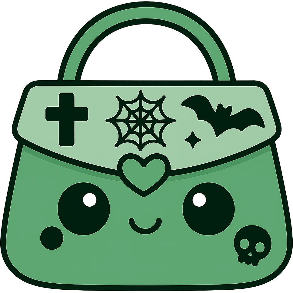 Change the color scheme to green and black. Create a gothic kawaii purse with big eyes, smiling, cartoonish and playful style. Include gothic details like crosses, spiderwebs, bats, and skulls. Remove the background. emoji