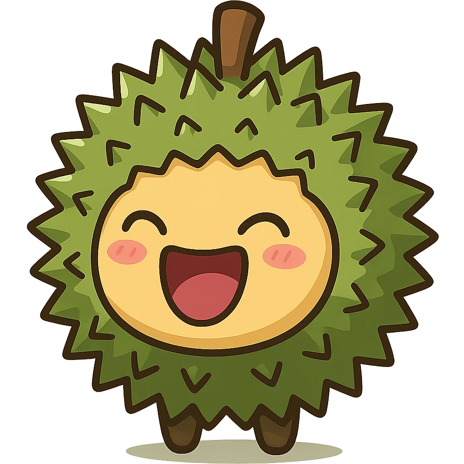 cute chibi round durian character, green spiky shell, yellow flesh, laughing, eyes closed, mouth wide open, kawaii style, full-body emoji
