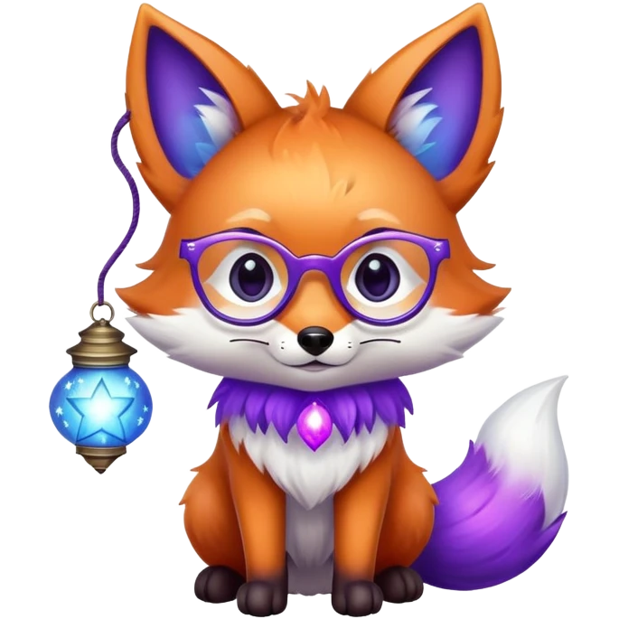 a small magical fox with shimmering purple and blue fur, a glowing fluffy tail, a silver star on its forehead, round glasses, and a tiny lantern. ❤️ emoji