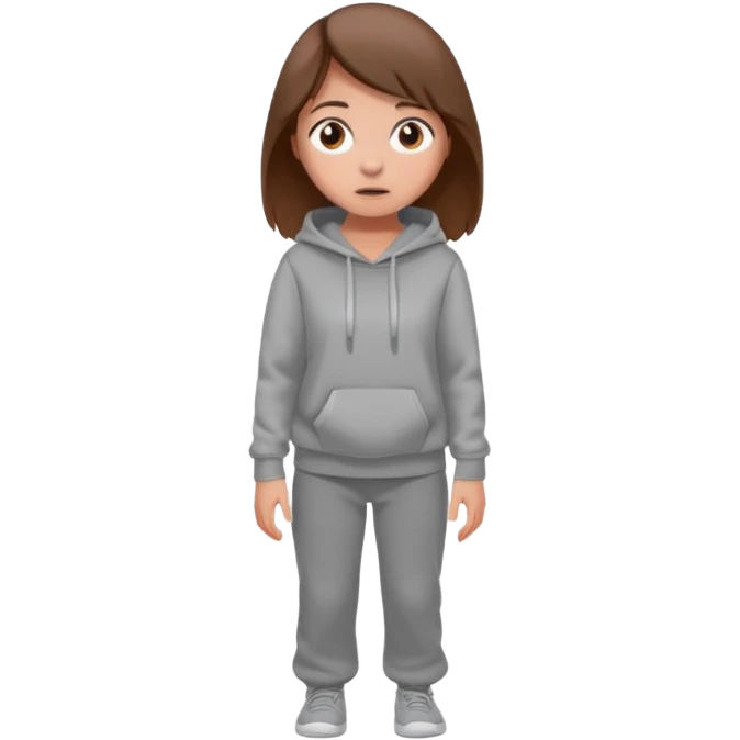 Chica grande  asustada de cuerpo completo mirado a la izquierda con pelo castaño pantalones grises y hoodie gris  emoji