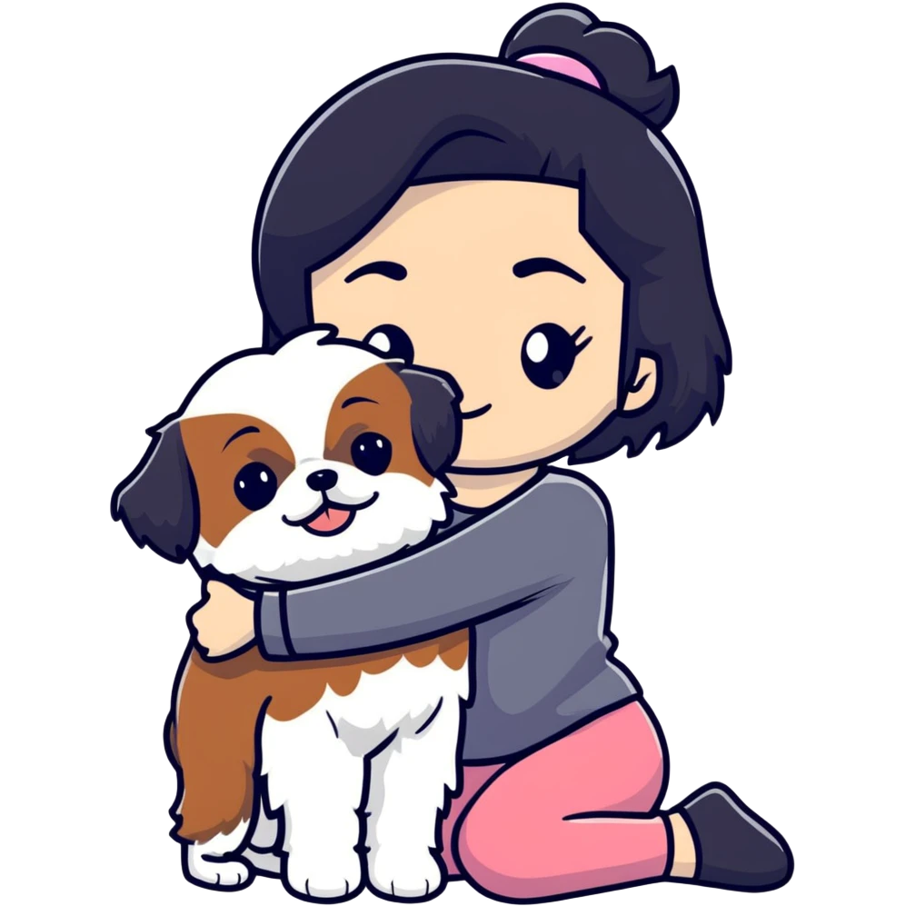 A girl with black hair hugging a Shih Tzu dog emoji