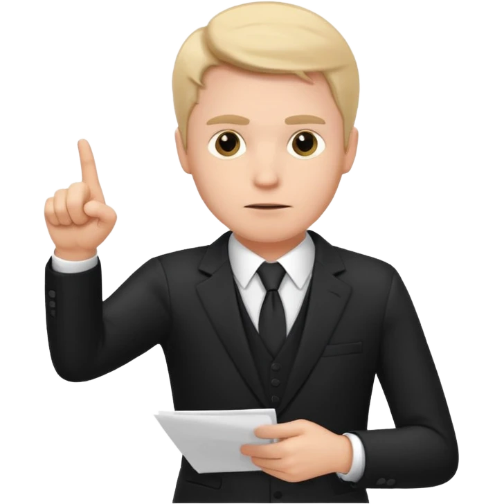A white man in a black suit stands with a serious face and points at his hand holding papers. emoji