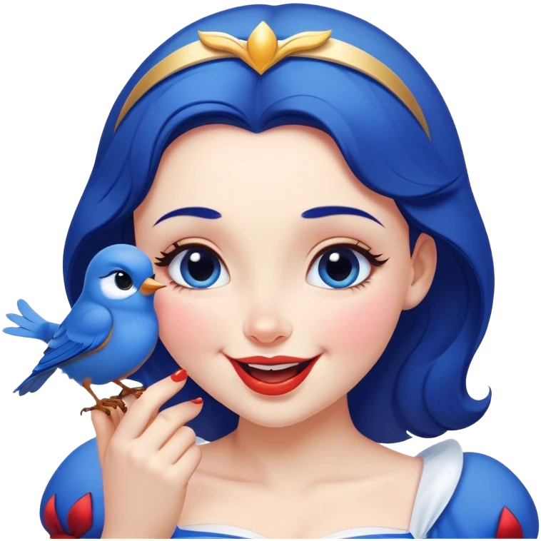 Cinematic Adorable Snow White Portrait Emoji, Giggling as a bluebird perches on her finger, cheeks rosy with joy, bright expressive eyes full of wonder, her innocence and beauty blending into a heartwarming moment! emoji