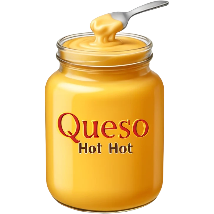cheese sauce on a jar written "Queso Hot emoji