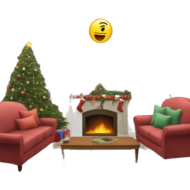 living room with christmas decorations and a sofa and a tv emoji