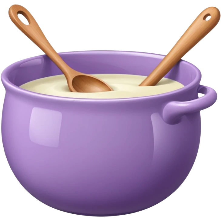 a lilac ceramic mixing bowl with a wooden spoon stirring emoji