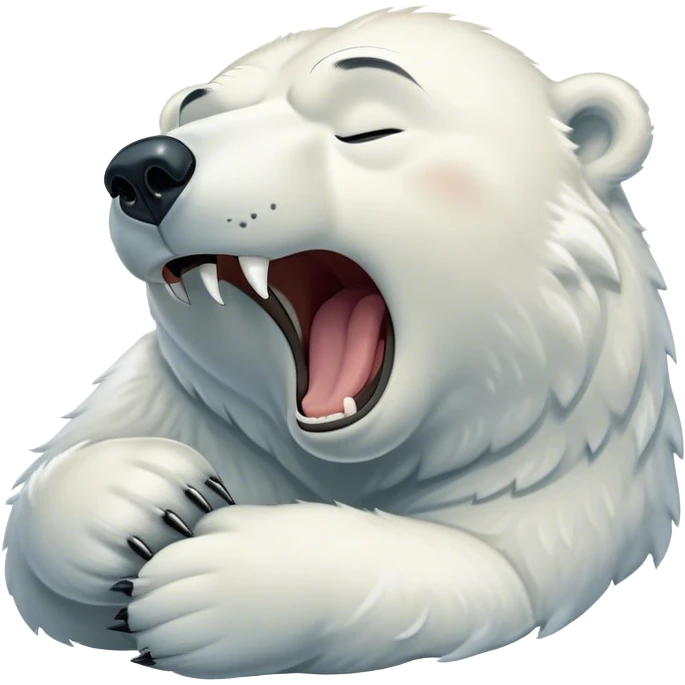 Cinematic Cute Yawning Polar Bear Portrait Emoji, Head tilted slightly with a dramatic, wide-open yawn, showcasing luxuriously thick fur and sleepy, half-closed eyes radiating drowsy contentment, Simplified yet irresistibly adorable features, highly detailed, glowing with a soft, cozy polar light, high shine, relaxed yet expressive, stylized with a dash of whimsical arctic charm, soft glowing outline, capturing the essence of a drowsy yet affectionate guardian that seems ready to stretch out for a nap! emoji