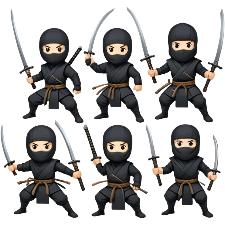 Ninjas with different types of weapons: seryuken, stars, nunchucks, swords, spears, sickles emoji