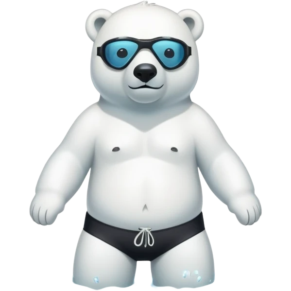 friendly anthropomorphised polar bear standing in a puddle of water, wearing board shorts, scuba mask over eyes, swimming armbands emoji