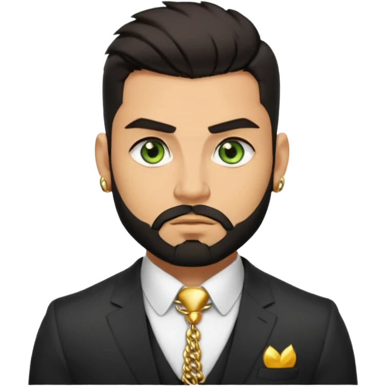 green eyes, dark short hair, muscular shoulders, gold chain, big lips big nose big eyes, masculine good looking, dark beard wearing a suit buttons of the shirt open and olive skin tone  emoji