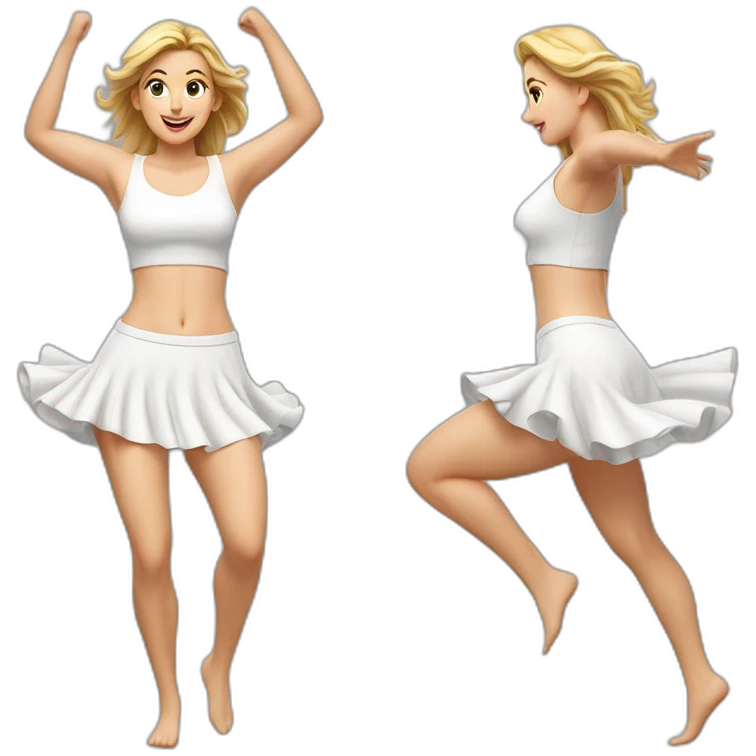 hyperrealistic-full-body-caucasian-curvy-beauty-jumping-small white-skirt-back-and-front-views-strong-wind-knickers emoji
