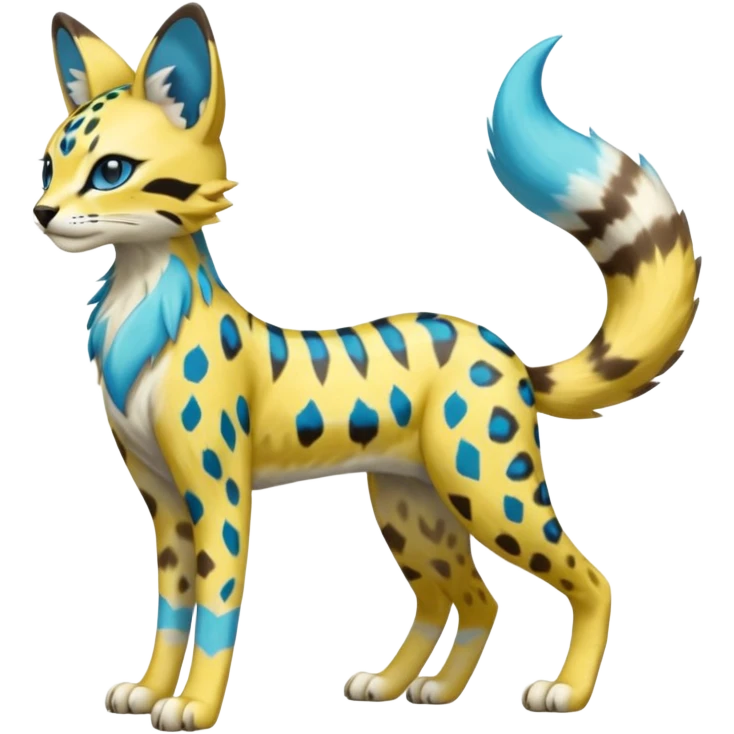 Colorful Yellow Meloetta-Sergal-Serval-Genet-Pokémon-Digimon-Fakémon-fusion-hybrid-creature with Cyan stripes and blue leopard-spot-markings  emoji