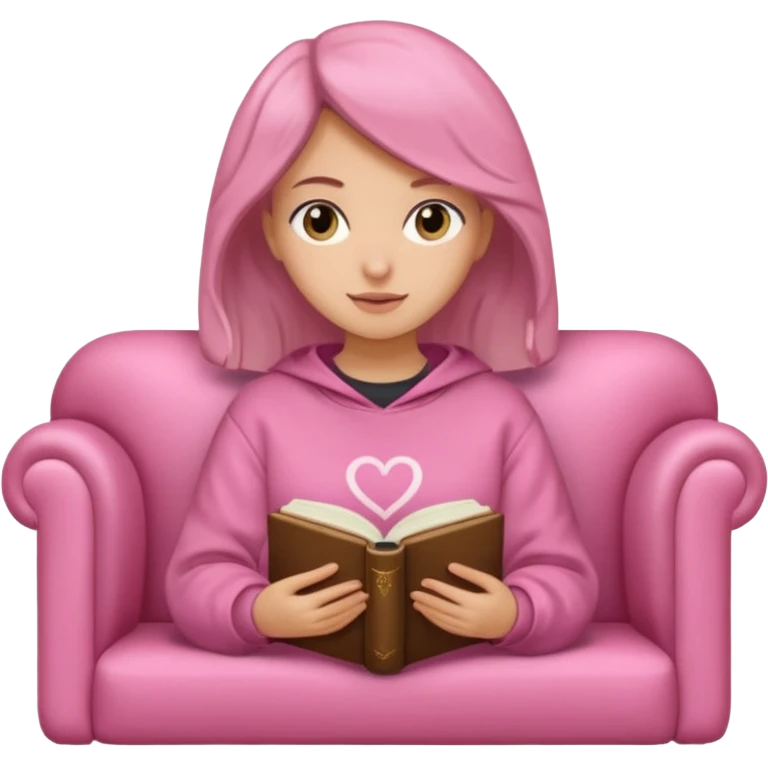 Una chica linda de cabello oscuro con ondas hasta los hombros de piel blanca con una sudadera rosa en un sofá cómodo y hermoso leyendo la biblia emoji