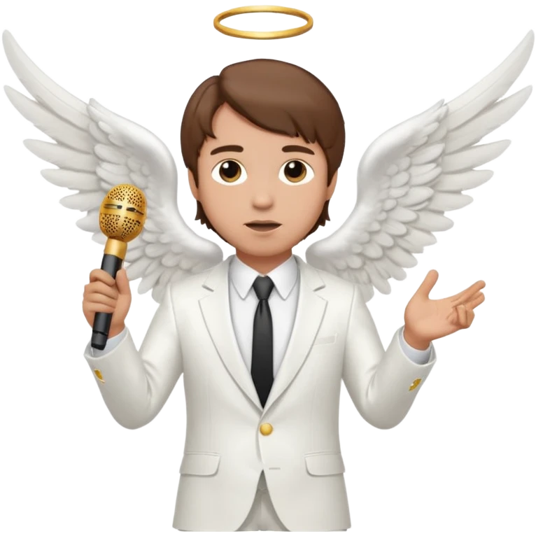 Man with brown hair, wearing white suit, with angel wings, holding a microphone emoji