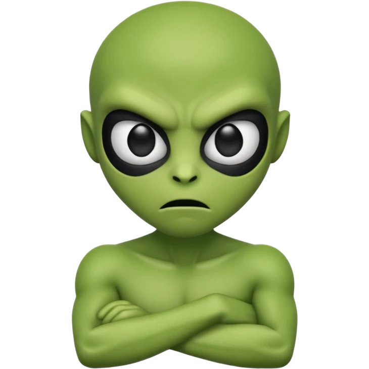An emoji-style alien face with an angry expression, green skin, large black eyes, furrowed eyebrows, and a slanted side turned mouth, arms folded across chest showing contempt emoji