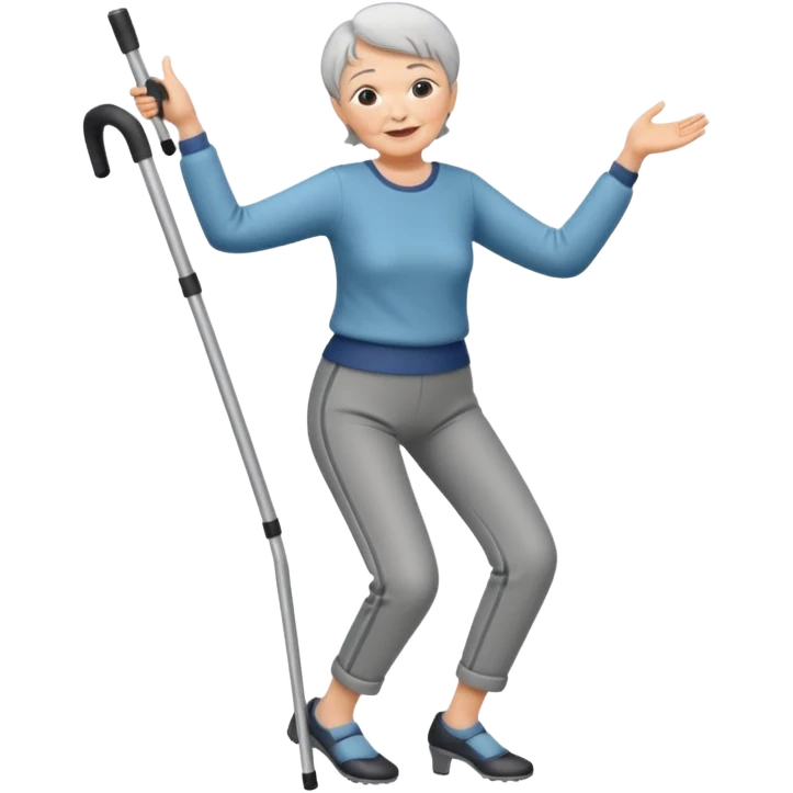 old woman with short hair, dressed with pants,  dancing with crutches emoji