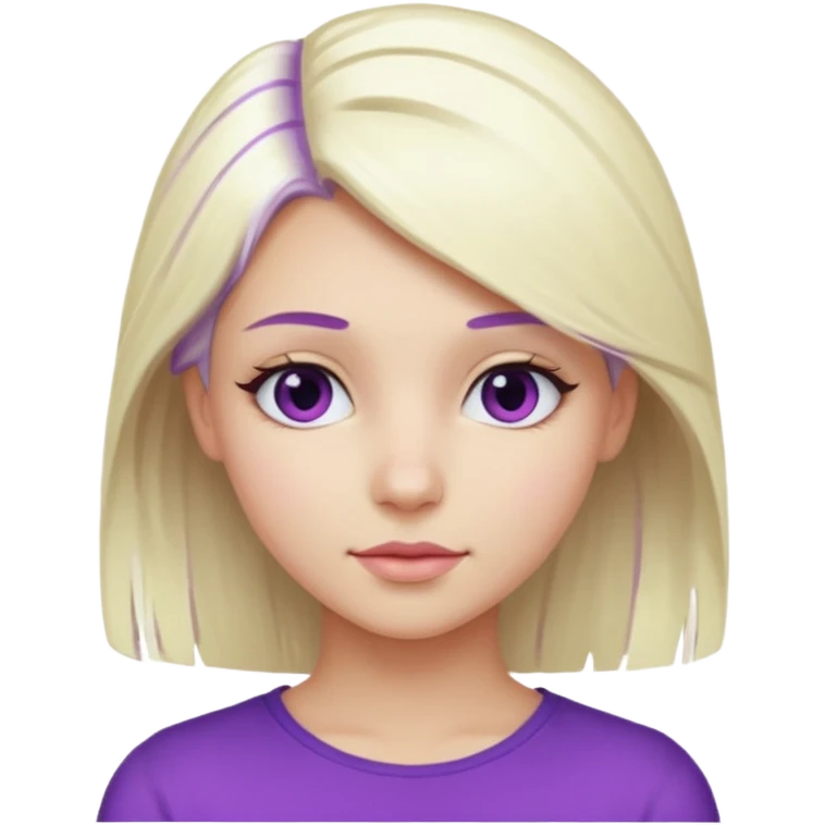 Pretty girl, platinum blonde hair hair goes an inch past her shoulders with a streak of purple on the left side of head emoji