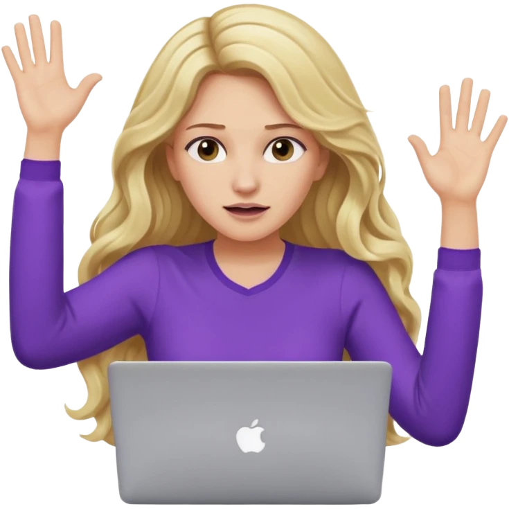 lady with long blonde wavy hair, purple top throwing her with a laptop looking exhausted emoji