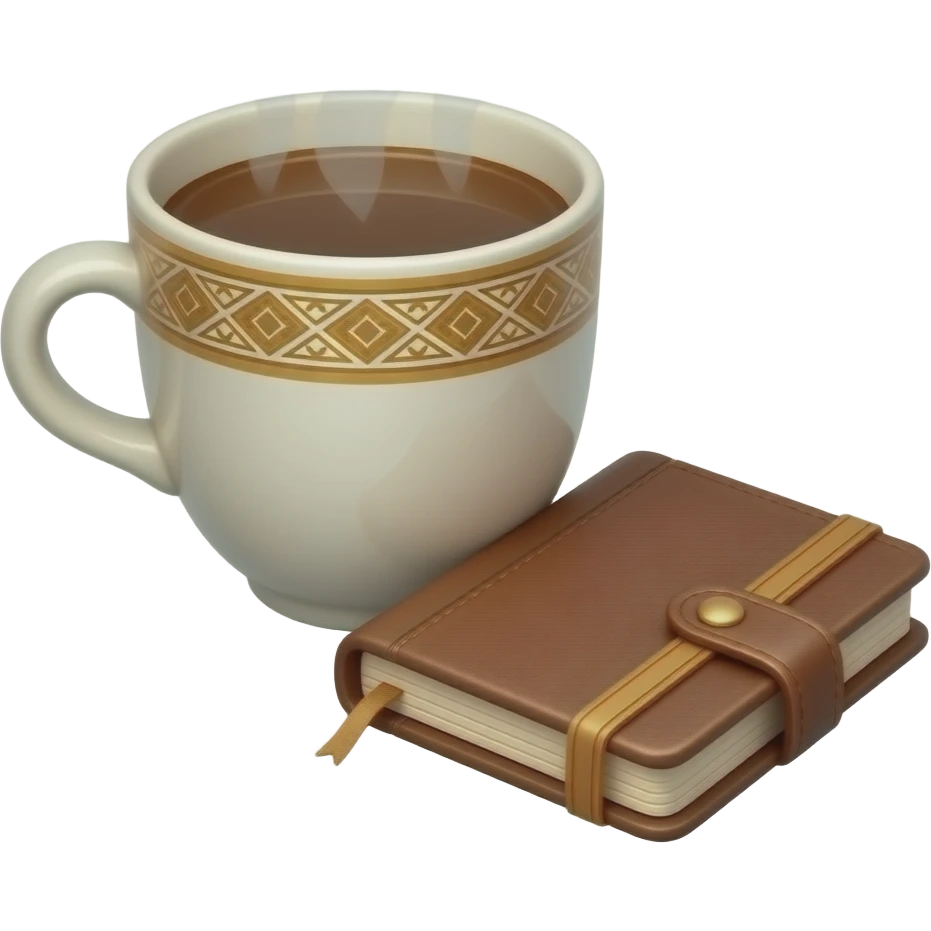 3D steaming Arabic coffee cup next to a small notebook, cozy literary vibes emoji