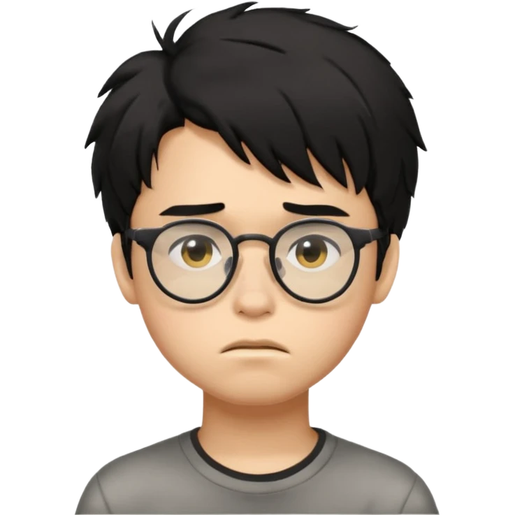 
young boy, 18 years old, messy black hair, glasses, sad face emoji emoji