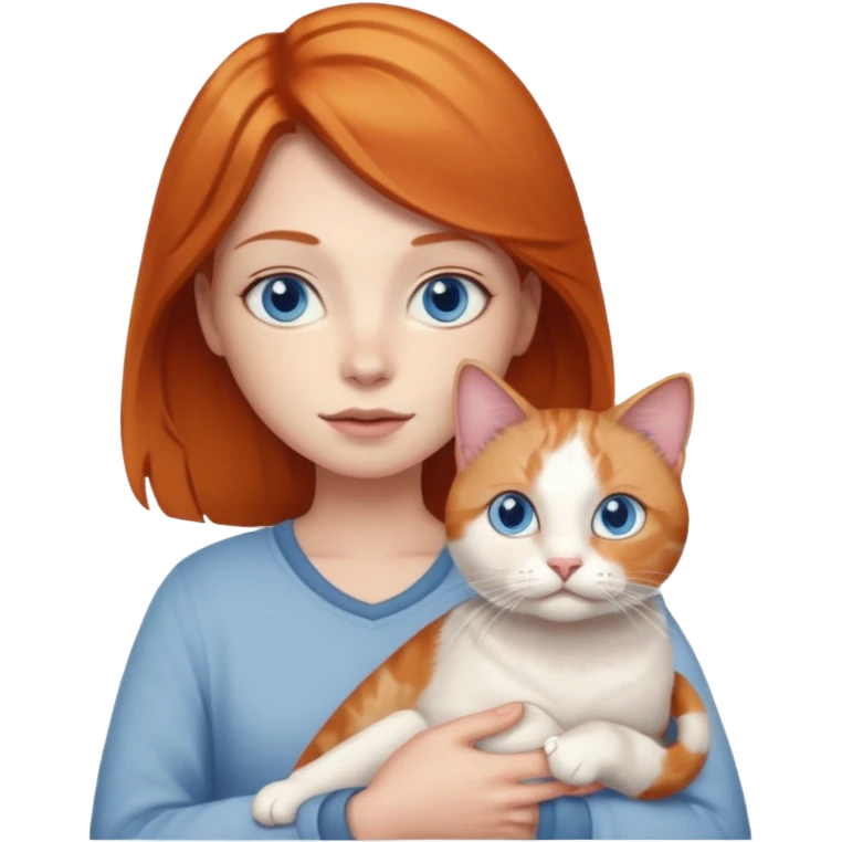 A ginger with blue eyes holding a large dilute calico cat. emoji