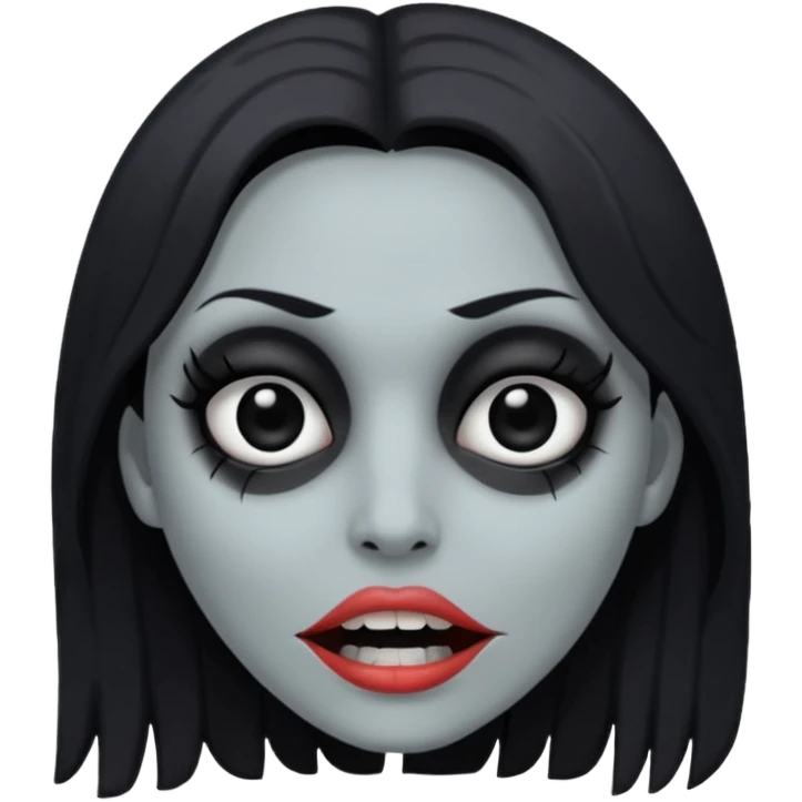 woman with gray skin and black hair and a creepy face with white eyes and hollow mouth emoji