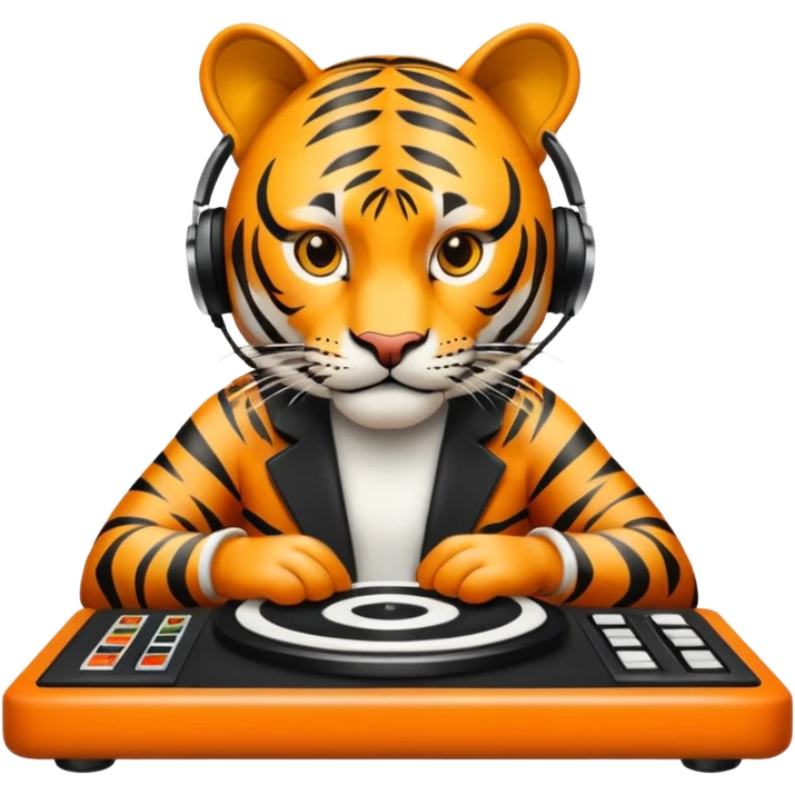 Un tigre enfadado con una mesa de dj . Lo quiero más profesional con unos audífonos y cara de astuto  emoji