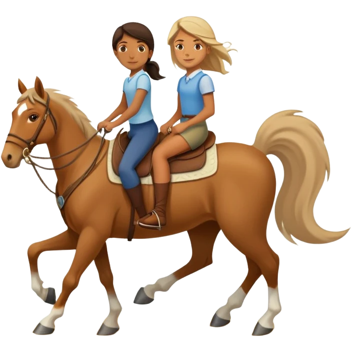 a 10 year old girl is riding an old horse with a woman. 2 boys are walking beside them. One boy is 17 and the other is 22 emoji
