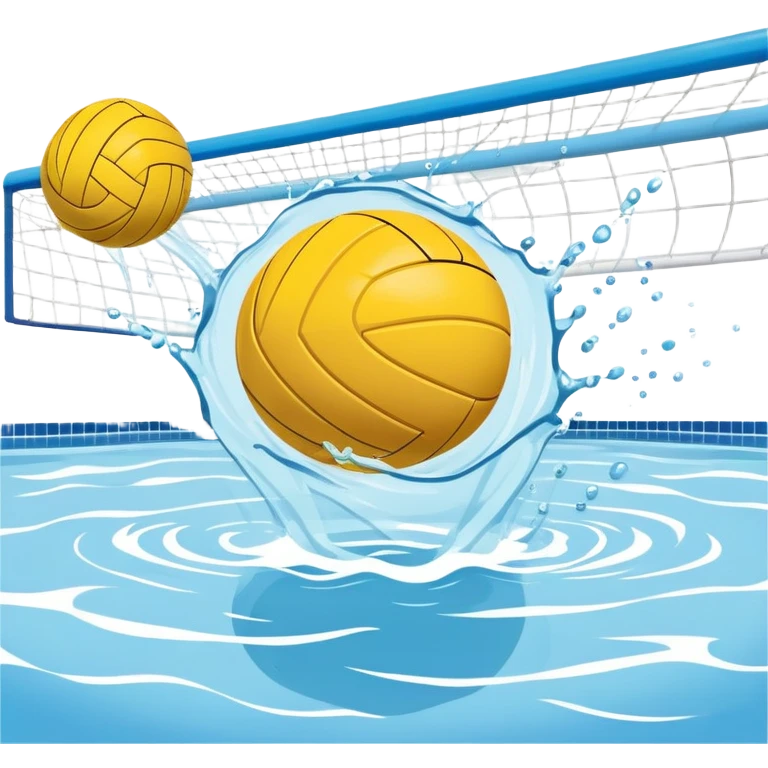 An icon featuring a yellow water polo ball floating on the water with goals in the background, inside a swimming pool. The design includes splashes and ripples, symbolizing the fast-paced action and strategy of water polo. Transparent background highlights. emoji