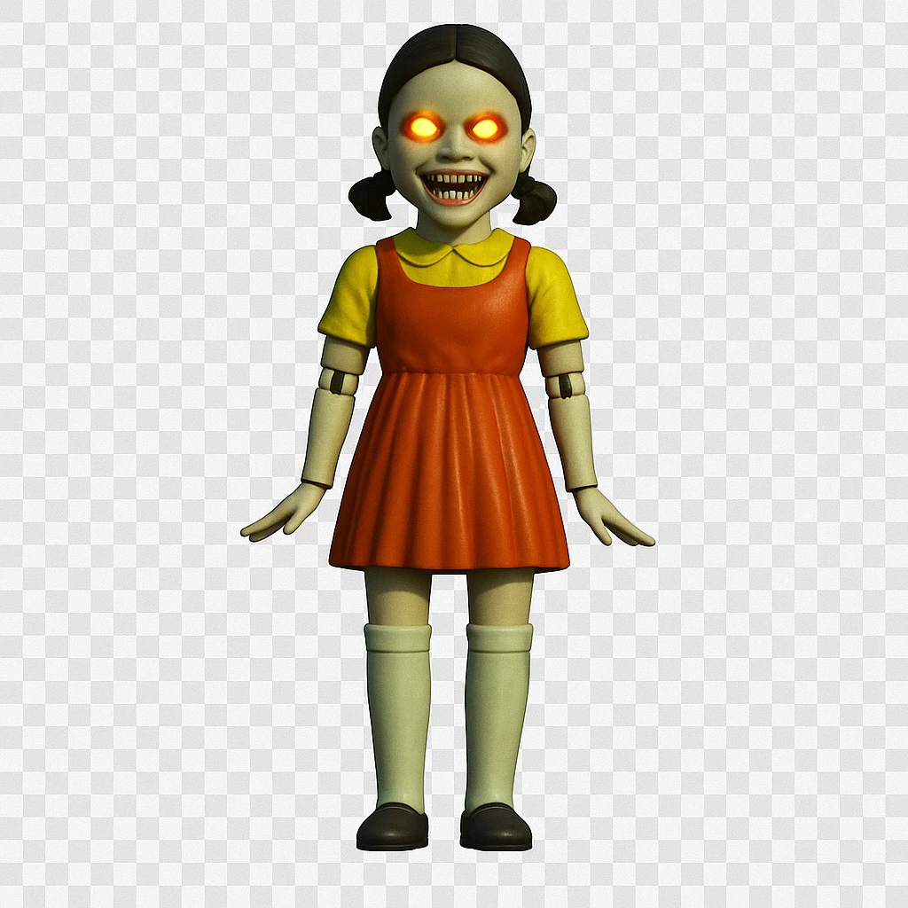Edit the character to have glowing eyes and sharp teeth to look scary, while keeping the rest of the image exactly the same as the original style and pose. emoji