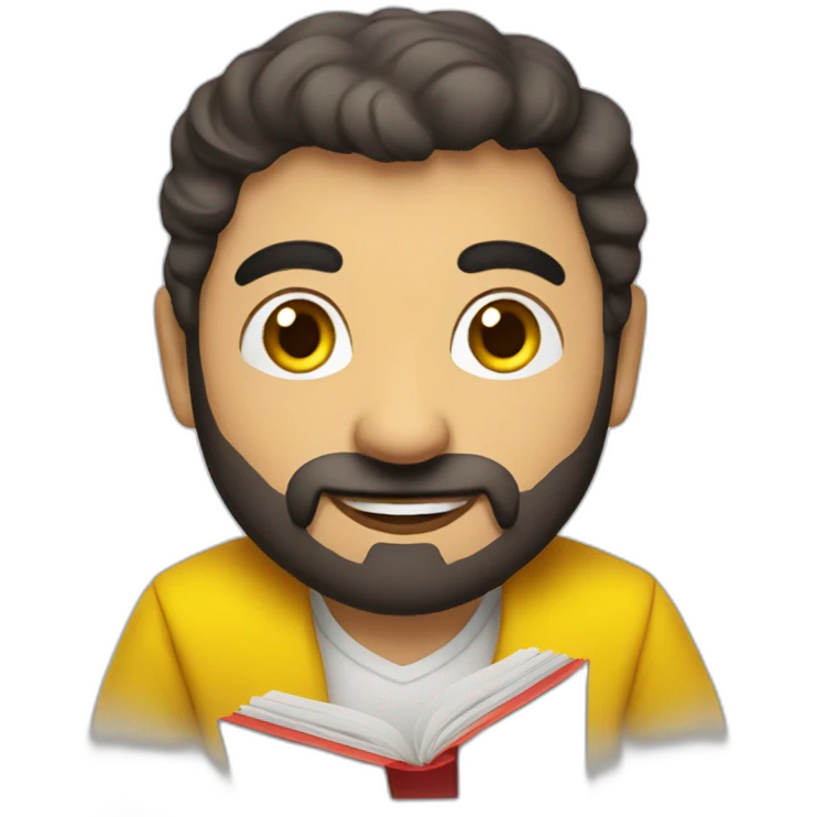 Armenian men with the yellow clothes reading book and looking at camera and smiling  emoji