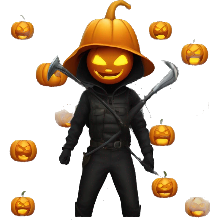 Human female pumpkin hunter with a scythe, glowing pumpkin eyes inside a black helmet, Halloween theme, emoji emoji