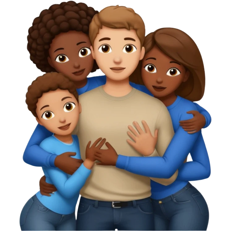 One American Italian young man with brown hair surrounded by three african women with large butts hugging him and each other while massginghis shaft emoji