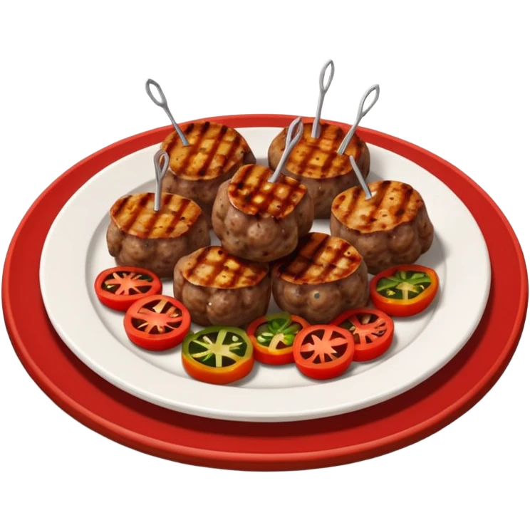 Akçaabat meatballs object icon, grilled Turkish kofte pieces on a plate, smoky char marks, juicy texture, served with grilled peppers and tomatoes, 3D cartoon, mobile game icon style, centered, clean background, no text, no watermark
 emoji