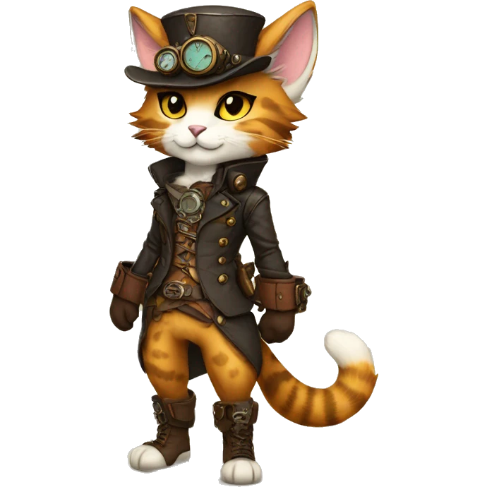 Anthro Fur-Sona feline-Fakémon with a steampunk-cap Full Body emoji