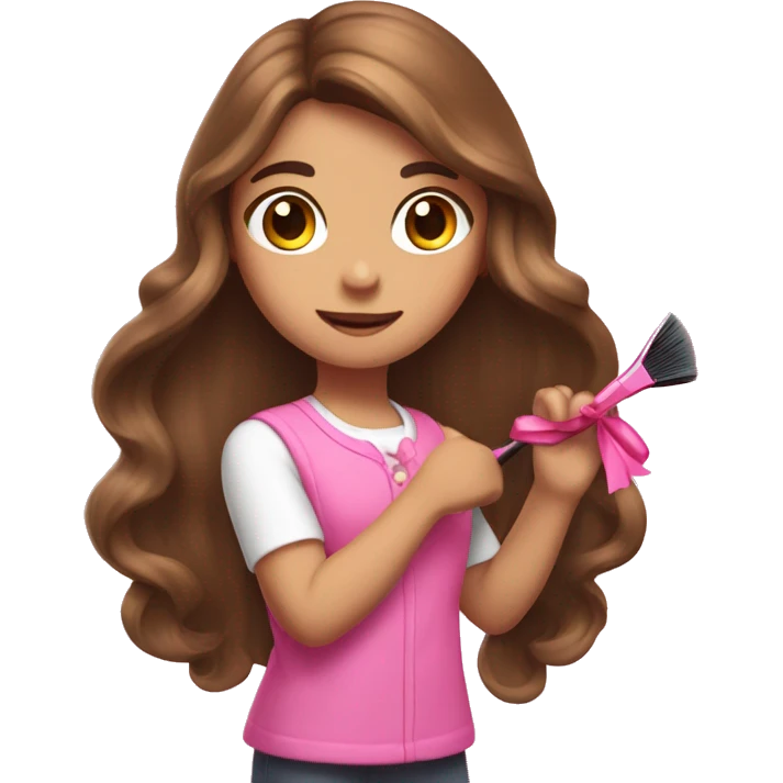 a girl with long brown hair brushing her hair with a pink brush and a pink bow on her hair emoji