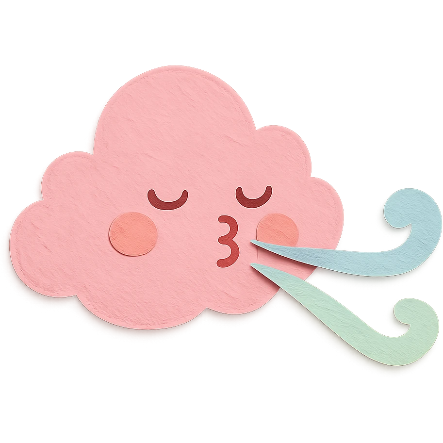 cute pink cloud, blowing gentle pastel wind, soft pastel palette, no arms or legs, full body, paper craft style emoji