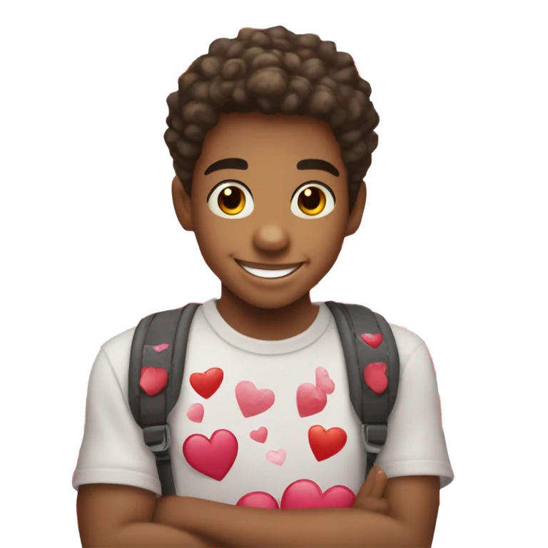 A sticker store has a 12-year-old boy standing there holding a Valentine's Day sticker. emoji