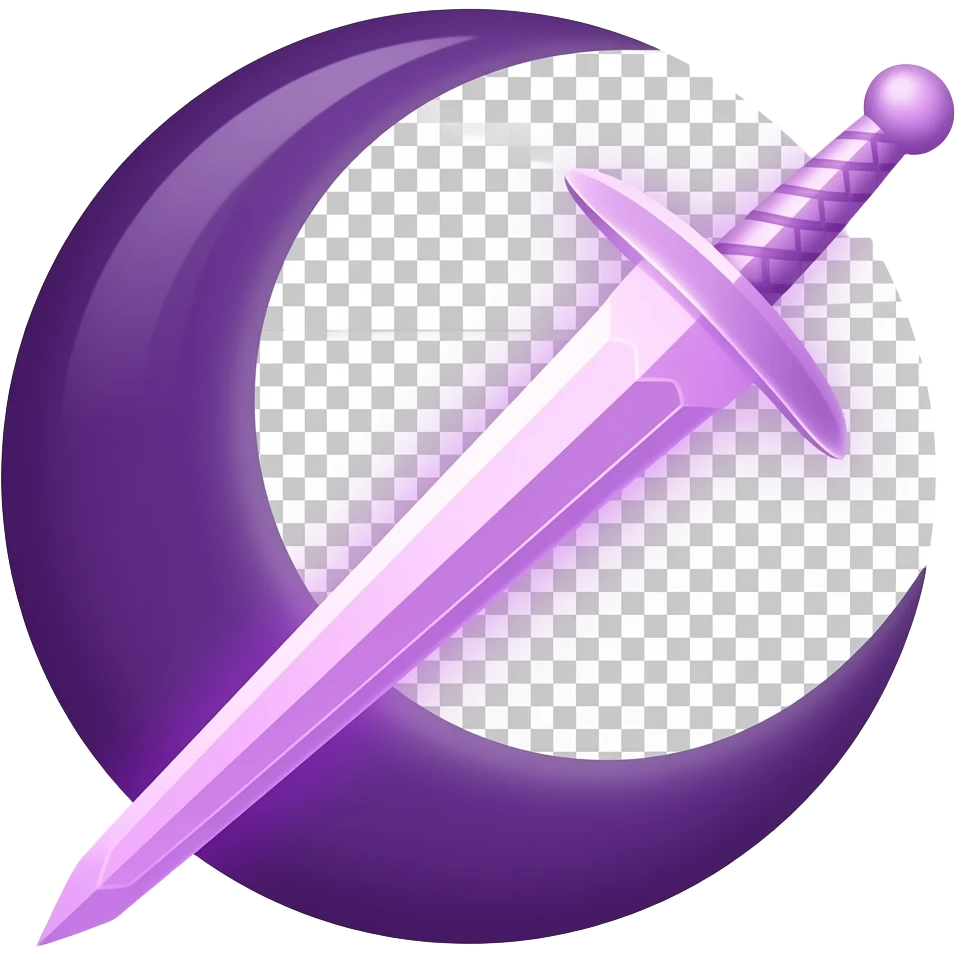Glowing dark purple detailed crescent moon with an elegant detailed glowing transparent sword, emoji style. Soft violet and pink glow, minimal clean design, smooth edges, subtle lighting, centered, high contrast, transparent background. emoji