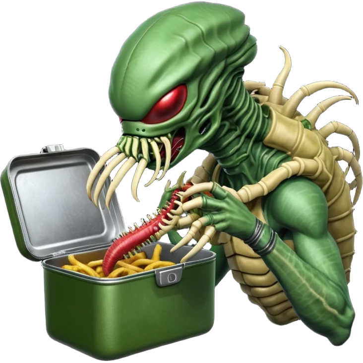 The Predator with mask and mouth piece eating an Alien facehugger from a lunchbox, the setting should be dark and real. emoji