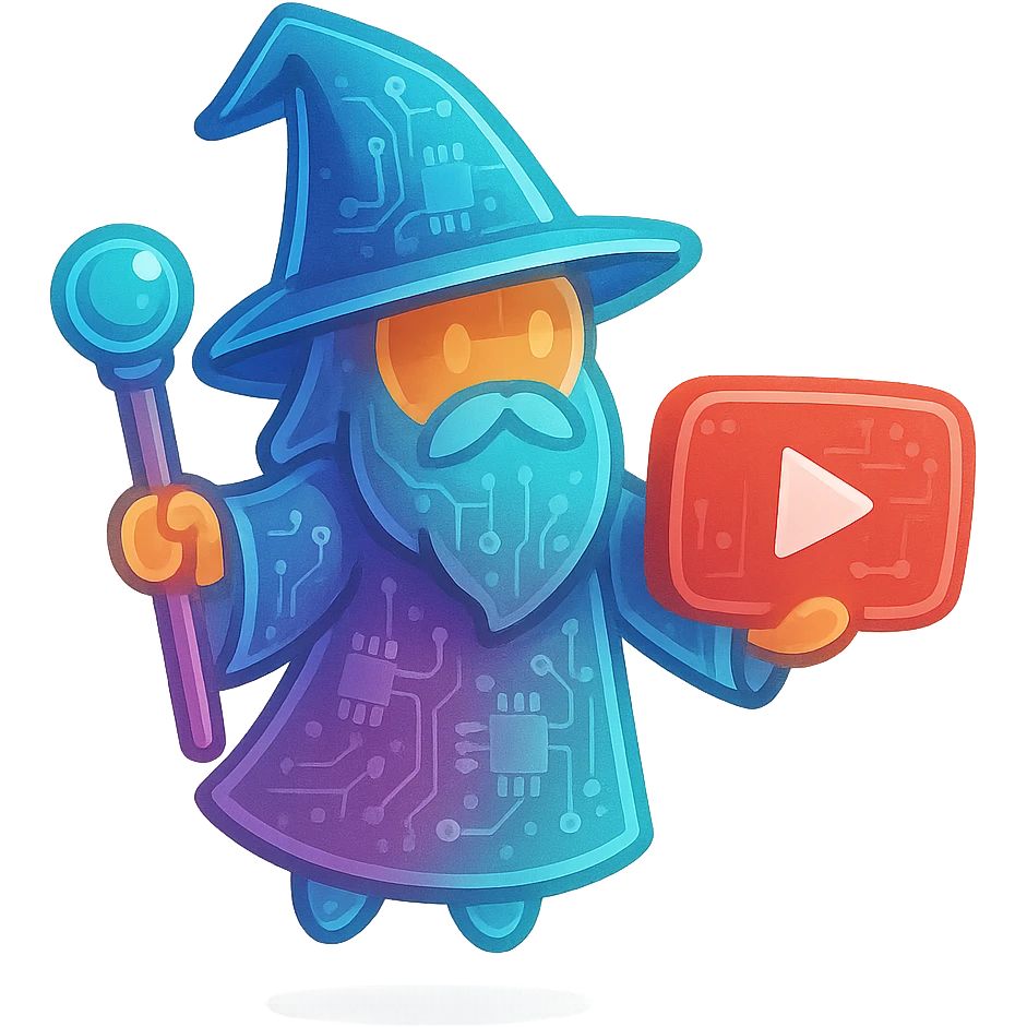 wizard with YouTube play button, glossy circuit style emoji